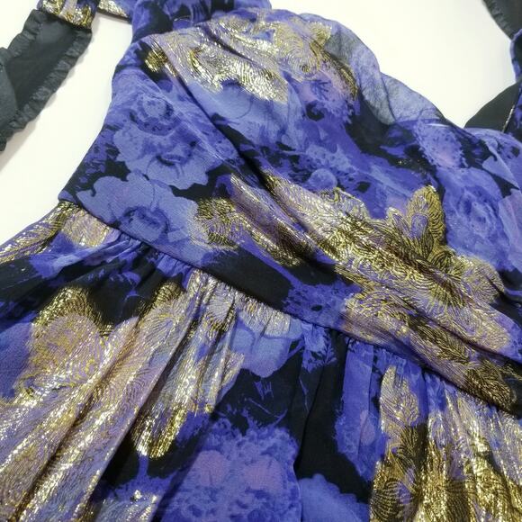 Nicole Miller Gold Metallic Blue Silk Blend Fit and Flare Cocktail Mini Dress - Picture 9 of 12